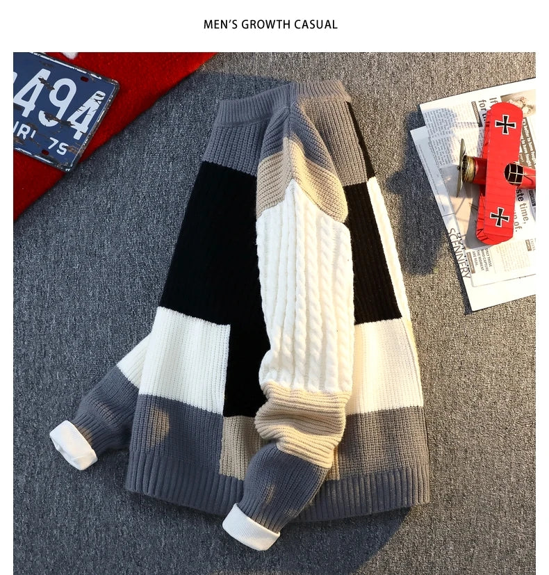 Men's Knit Sweater - Autumn Winter Plaid Patchwork Pullover | Thick Round Neck Casual - ZOOMNSTORE