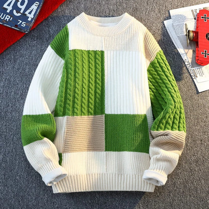 Men's Knit Sweater - Autumn Winter Plaid Patchwork Pullover | Thick Round Neck Casual - ZOOMNSTORE