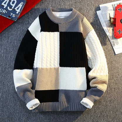 Men's Knit Sweater - Autumn Winter Plaid Patchwork Pullover | Thick Round Neck Casual - ZOOMNSTORE