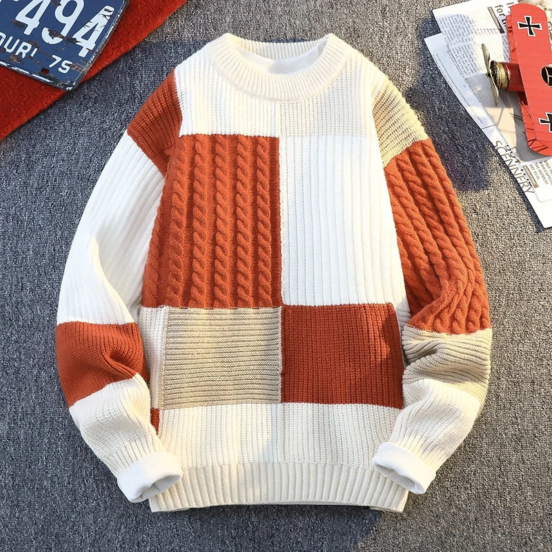 Men's Knit Sweater - Autumn Winter Plaid Patchwork Pullover | Thick Round Neck Casual - ZOOMNSTORE