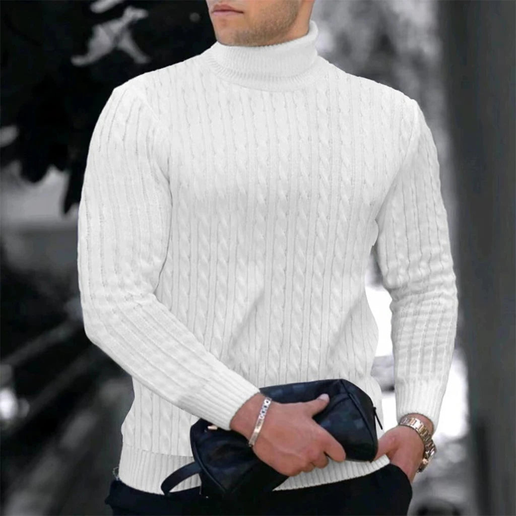 Autumn Winter New Men's Knit Sweater High Neck Warmth Fashion Solid Color Slim Fit Male Bottoming Tops Jacquard Pullovers - ZOOMNSTORE