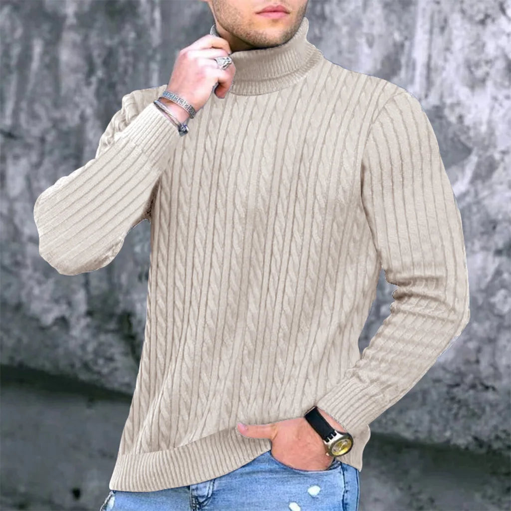Autumn Winter New Men's Knit Sweater High Neck Warmth Fashion Solid Color Slim Fit Male Bottoming Tops Jacquard Pullovers - ZOOMNSTORE