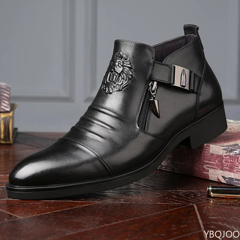 Men's Leather Ankle Boots – Winter Outdoor Low Heel PU Upper Rubber Sole - ZOOMNSTORE