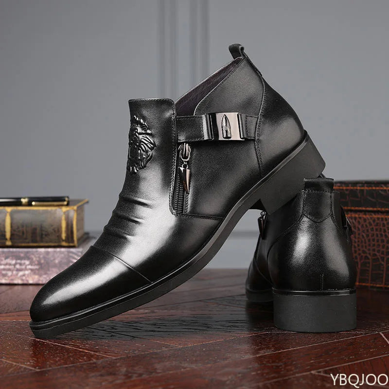 Men's Leather Ankle Boots – Winter Outdoor Low Heel PU Upper Rubber Sole - ZOOMNSTORE