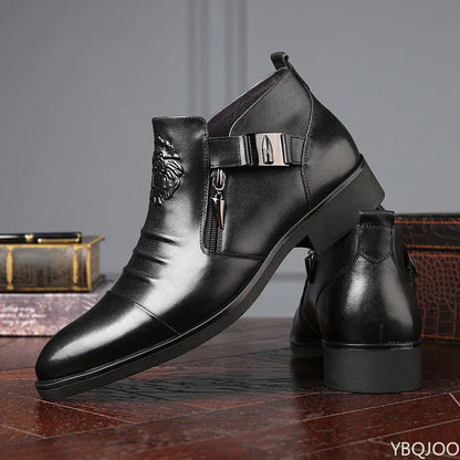 Men's Leather Ankle Boots – Winter Outdoor Low Heel PU Upper Rubber Sole - ZOOMNSTORE