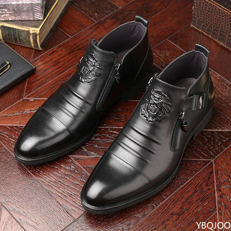 Men's Leather Ankle Boots – Winter Outdoor Low Heel PU Upper Rubber Sole - ZOOMNSTORE