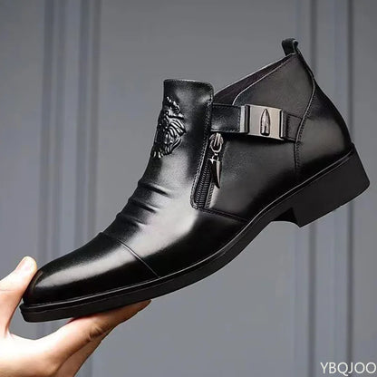 Men's Leather Ankle Boots – Winter Outdoor Low Heel PU Upper Rubber Sole - ZOOMNSTORE
