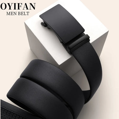 Men's Leather Belt - Automatic Buckle Ratchet Black Cowhide Strap for Jeans & Suit - ZOOMNSTORE