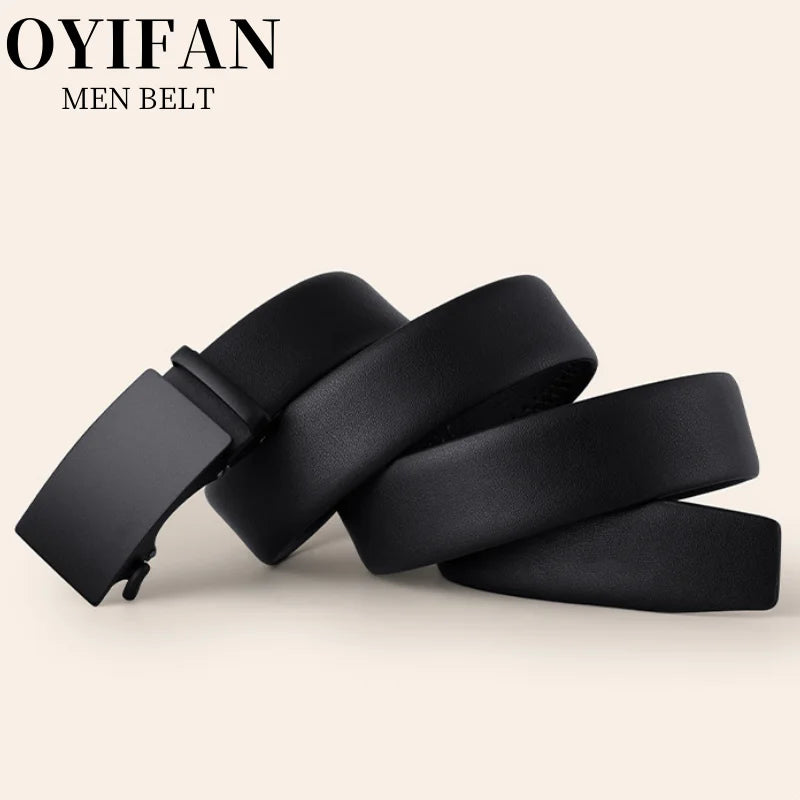 Men's Leather Belt - Automatic Buckle Ratchet Black Cowhide Strap for Jeans & Suit - ZOOMNSTORE