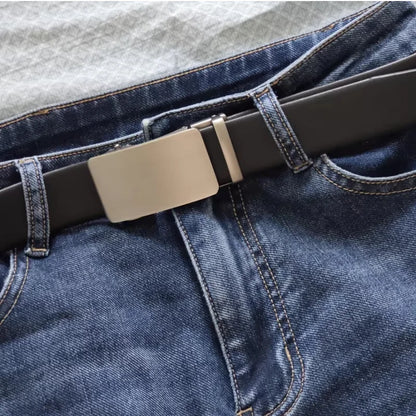 Men's Leather Belt - Automatic Buckle Ratchet Black Cowhide Strap for Jeans & Suit - ZOOMNSTORE