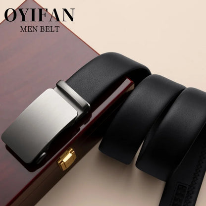 Men's Leather Belt - Automatic Buckle Ratchet Black Cowhide Strap for Jeans & Suit - ZOOMNSTORE