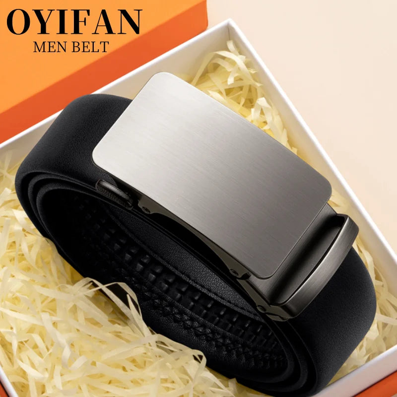 Men's Leather Belt - Automatic Buckle Ratchet Black Cowhide Strap for Jeans & Suit - ZOOMNSTORE