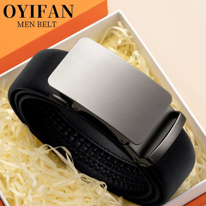 Men's Leather Belt - Automatic Buckle Ratchet Black Cowhide Strap for Jeans & Suit - ZOOMNSTORE