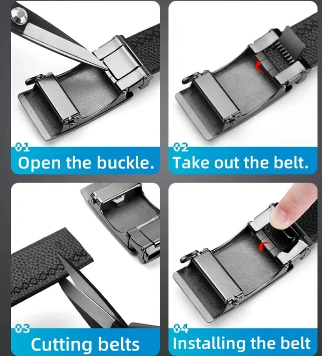 Men's Leather Belt - Automatic Buckle Ratchet Black Cowhide Strap for Jeans & Suit - ZOOMNSTORE