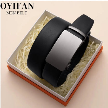 Men's Leather Belt - Automatic Buckle Ratchet Black Cowhide Strap for Jeans & Suit - ZOOMNSTORE