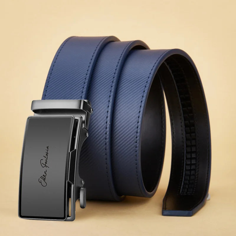 Mens Blue Striped Genuine Leather Belt - Fashion Jeans Automatic Buckle - ZOOMNSTORE