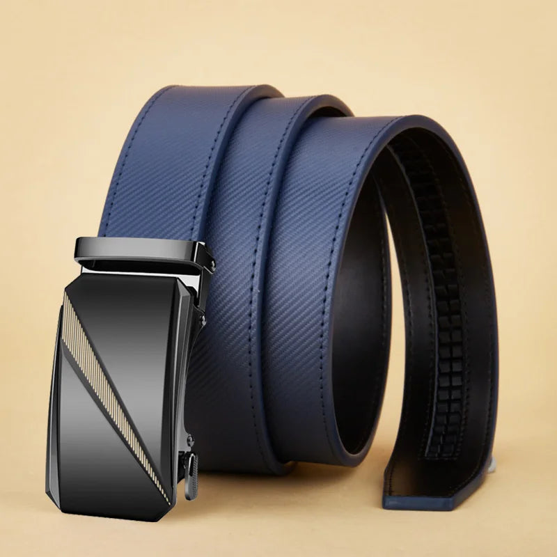 Mens Blue Striped Genuine Leather Belt - Fashion Jeans Automatic Buckle - ZOOMNSTORE