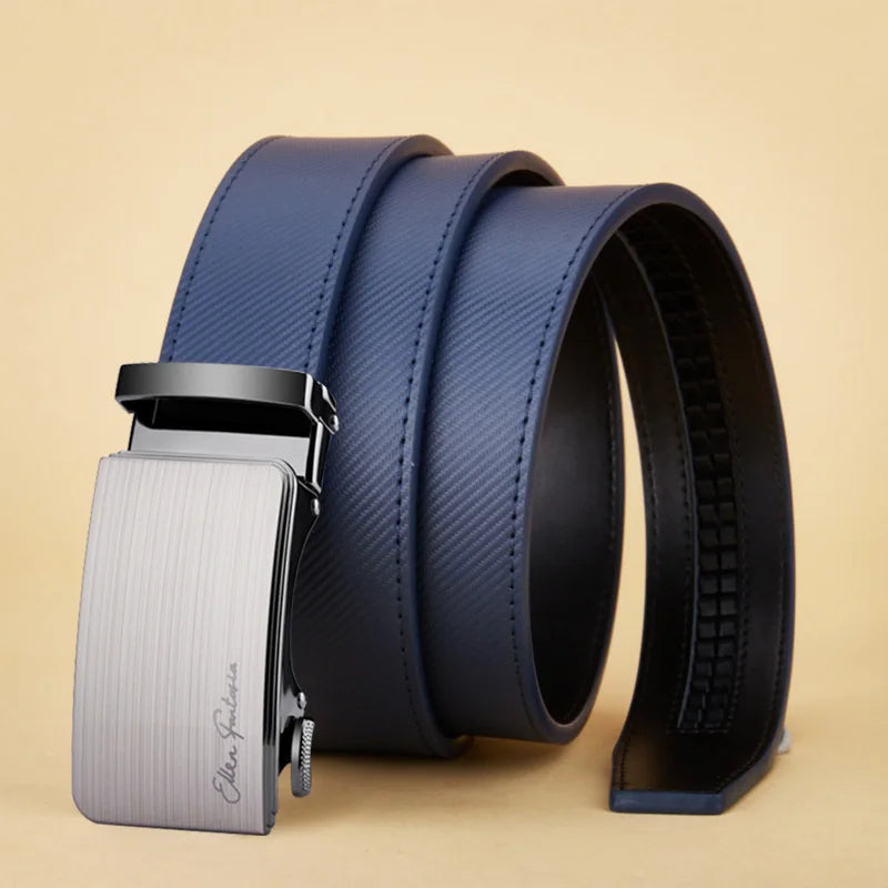 Mens Blue Striped Genuine Leather Belt - Fashion Jeans Automatic Buckle - ZOOMNSTORE