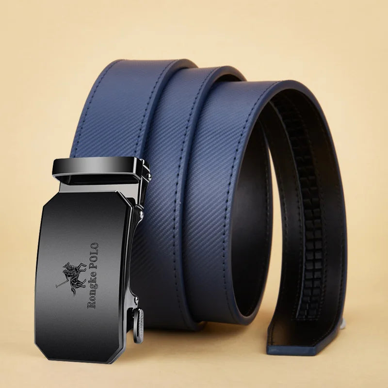 Mens Blue Striped Genuine Leather Belt - Fashion Jeans Automatic Buckle - ZOOMNSTORE