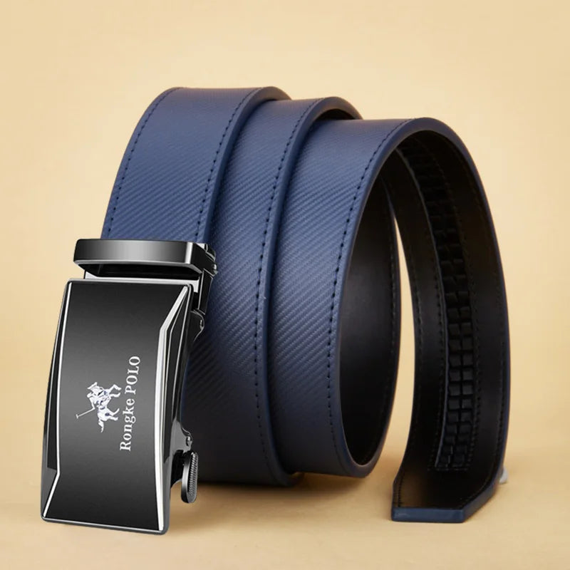 Mens Blue Striped Genuine Leather Belt - Fashion Jeans Automatic Buckle - ZOOMNSTORE