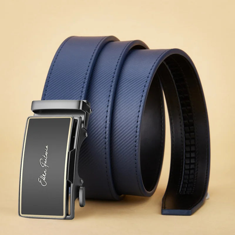 Mens Blue Striped Genuine Leather Belt - Fashion Jeans Automatic Buckle - ZOOMNSTORE