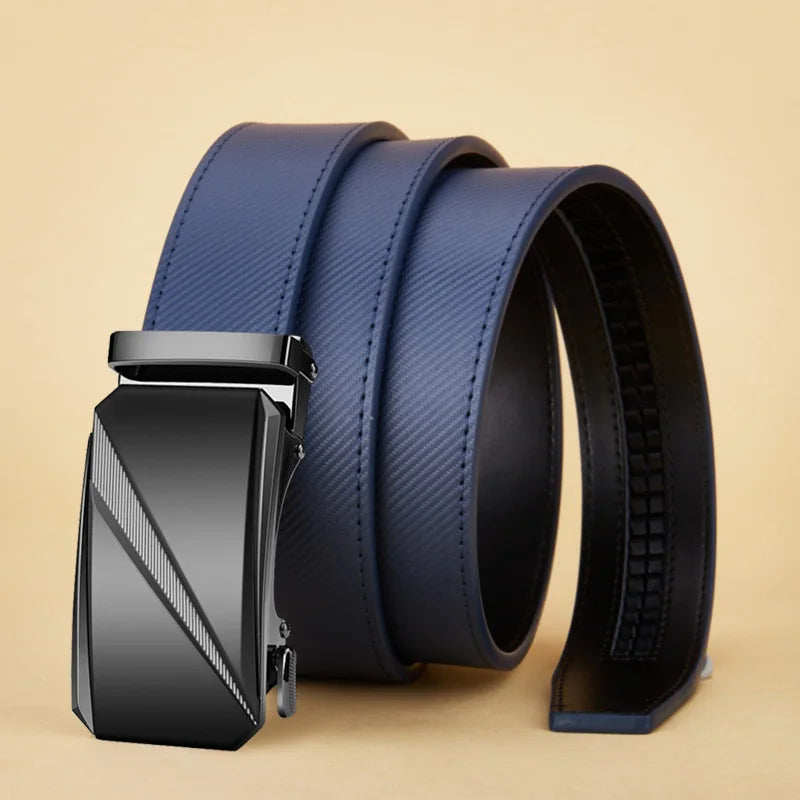 Mens Blue Striped Genuine Leather Belt - Fashion Jeans Automatic Buckle - ZOOMNSTORE