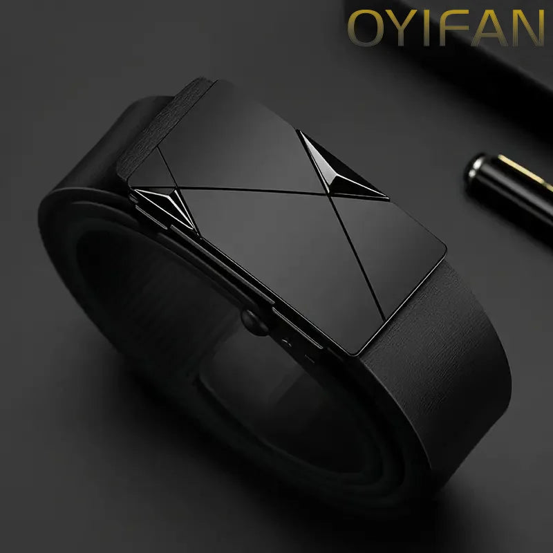 Men's Leather Belts - Luxury Designer Black Cowskin Belt With Automatic Buckle - ZOOMNSTORE