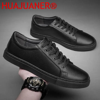 Handmade Black Leather Casual Sneakers - Mens Autumn Flats - ZOOMNSTORE