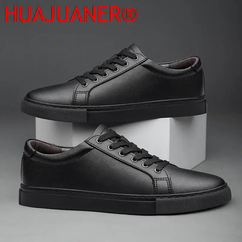 Handmade Black Leather Casual Sneakers - Mens Autumn Flats - ZOOMNSTORE