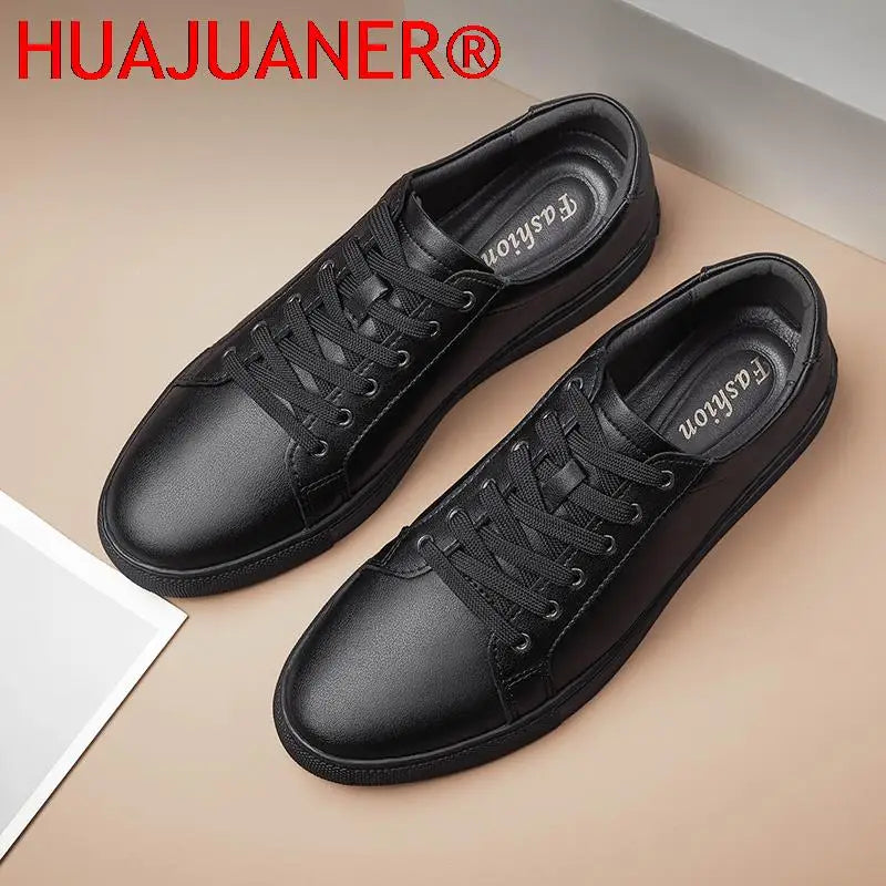 Handmade Black Leather Casual Sneakers - Mens Autumn Flats - ZOOMNSTORE