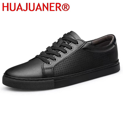 Handmade Black Leather Casual Sneakers - Mens Autumn Flats - ZOOMNSTORE