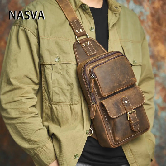 Genuine Leather Mens Sling Bag - Vintage Crossbody Chest Backpack - ZOOMNSTORE