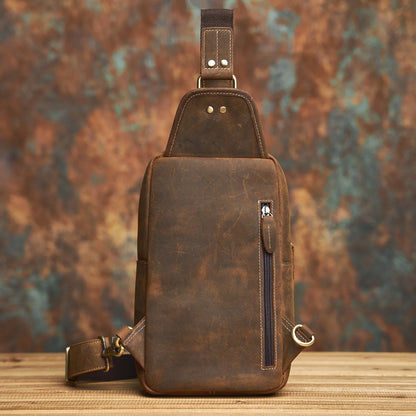 Genuine Leather Mens Sling Bag - Vintage Crossbody Chest Backpack - ZOOMNSTORE