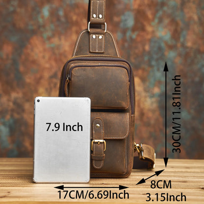 Genuine Leather Mens Sling Bag - Vintage Crossbody Chest Backpack - ZOOMNSTORE