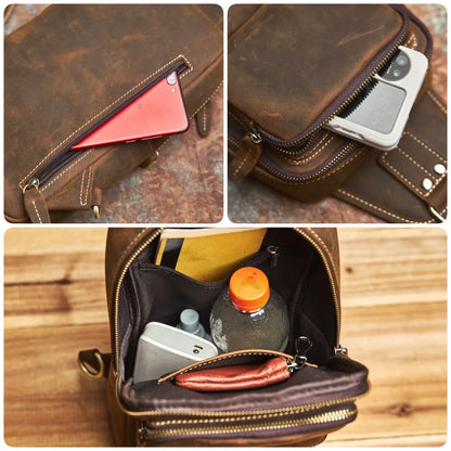 Genuine Leather Mens Sling Bag - Vintage Crossbody Chest Backpack - ZOOMNSTORE