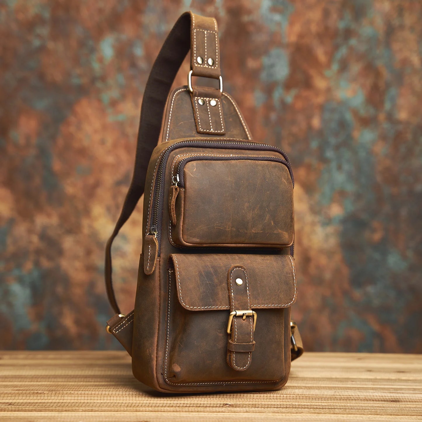 Genuine Leather Mens Sling Bag - Vintage Crossbody Chest Backpack - ZOOMNSTORE