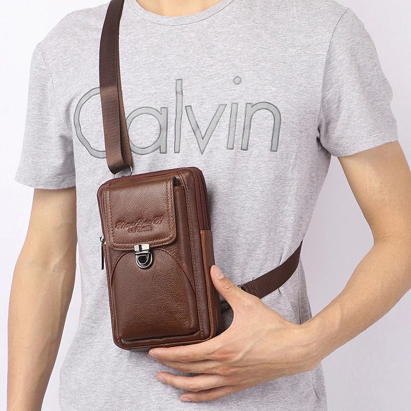 Men's Leather Messenger Bag - Multi-Functional Cowhide Chest Bag With Zipper Closure - ZOOMNSTORE