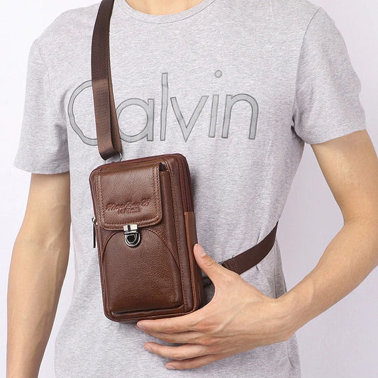 Men's Leather Messenger Bag - Multi-Functional Cowhide Chest Bag With Zipper Closure - ZOOMNSTORE