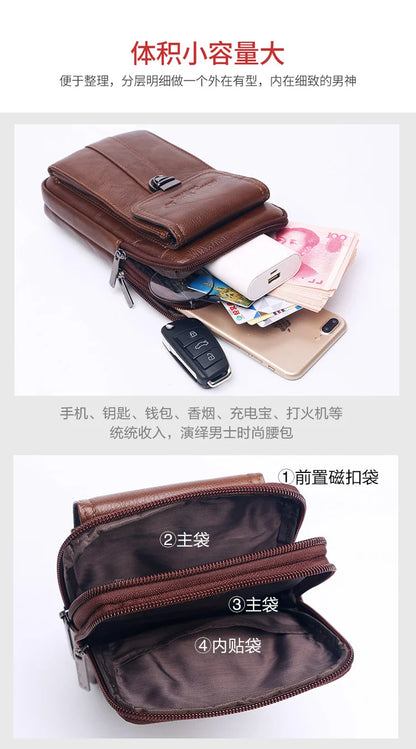 Men's Leather Messenger Bag - Multi-Functional Cowhide Chest Bag With Zipper Closure - ZOOMNSTORE