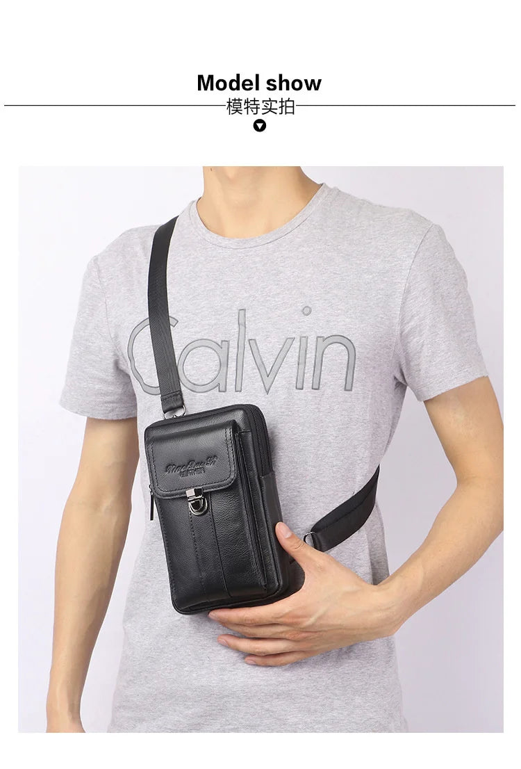 Men's Leather Messenger Bag - Multi-Functional Cowhide Chest Bag With Zipper Closure - ZOOMNSTORE