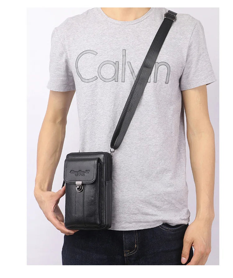 Men's Leather Messenger Bag - Multi-Functional Cowhide Chest Bag With Zipper Closure - ZOOMNSTORE