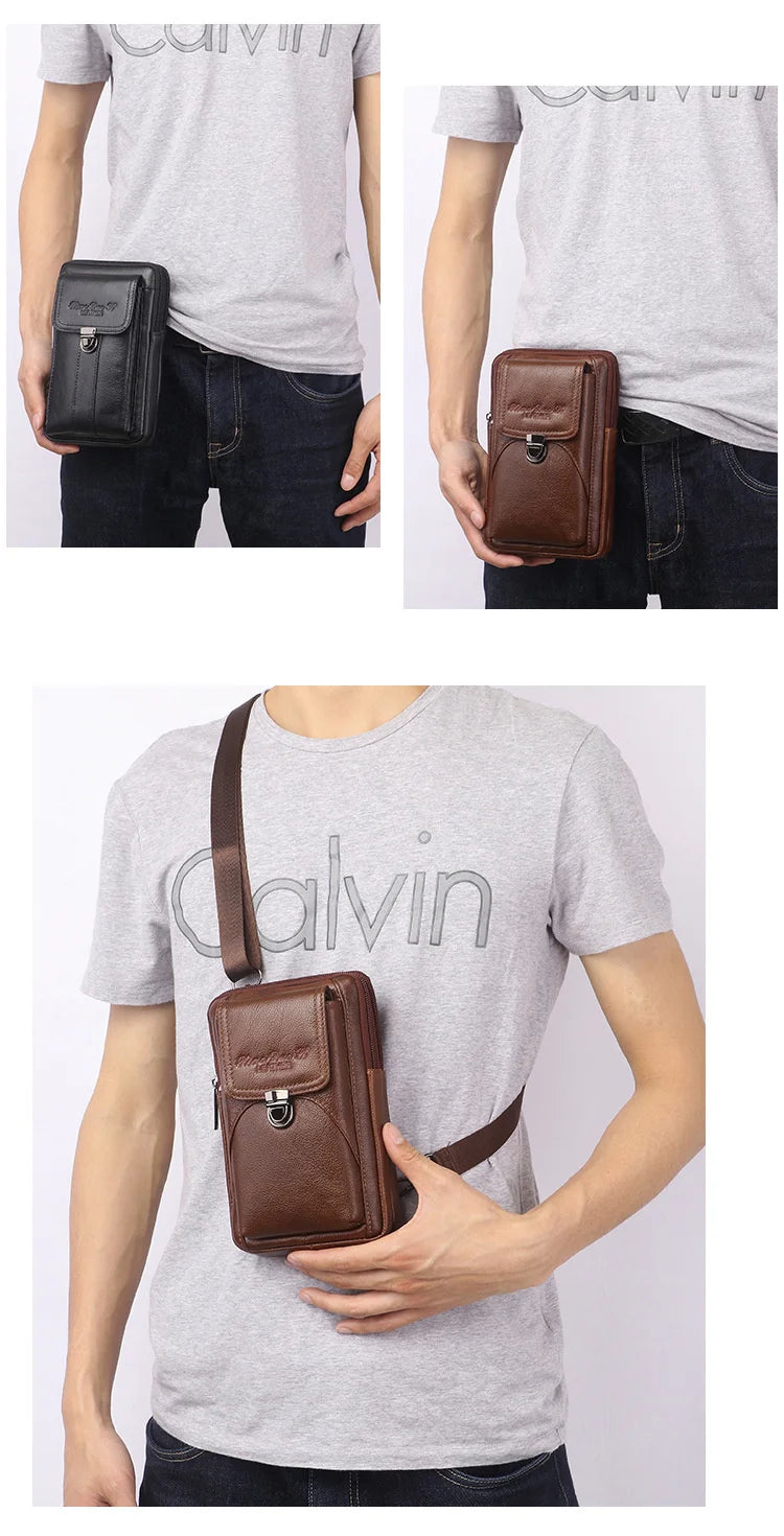 Men's Leather Messenger Bag - Multi-Functional Cowhide Chest Bag With Zipper Closure - ZOOMNSTORE