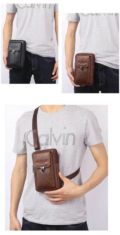 Men's Leather Messenger Bag - Multi-Functional Cowhide Chest Bag With Zipper Closure - ZOOMNSTORE