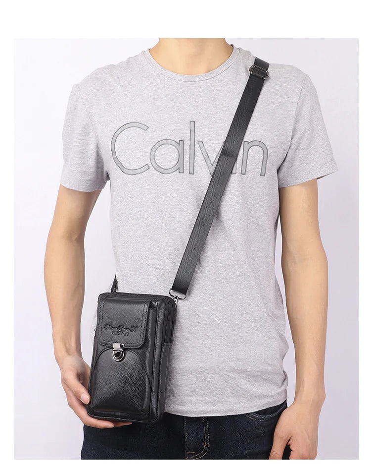 Men's Leather Messenger Bag - Multi-Functional Cowhide Chest Bag With Zipper Closure - ZOOMNSTORE