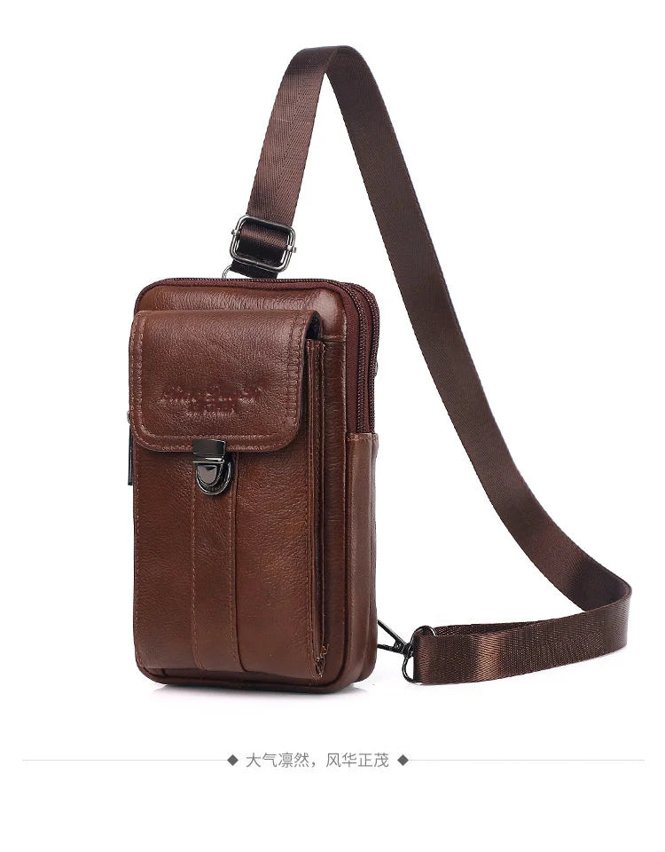 Men's Leather Messenger Bag - Multi-Functional Cowhide Chest Bag With Zipper Closure - ZOOMNSTORE