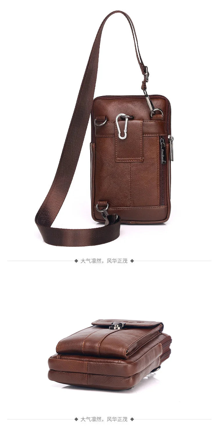 Men's Leather Messenger Bag - Multi-Functional Cowhide Chest Bag With Zipper Closure - ZOOMNSTORE