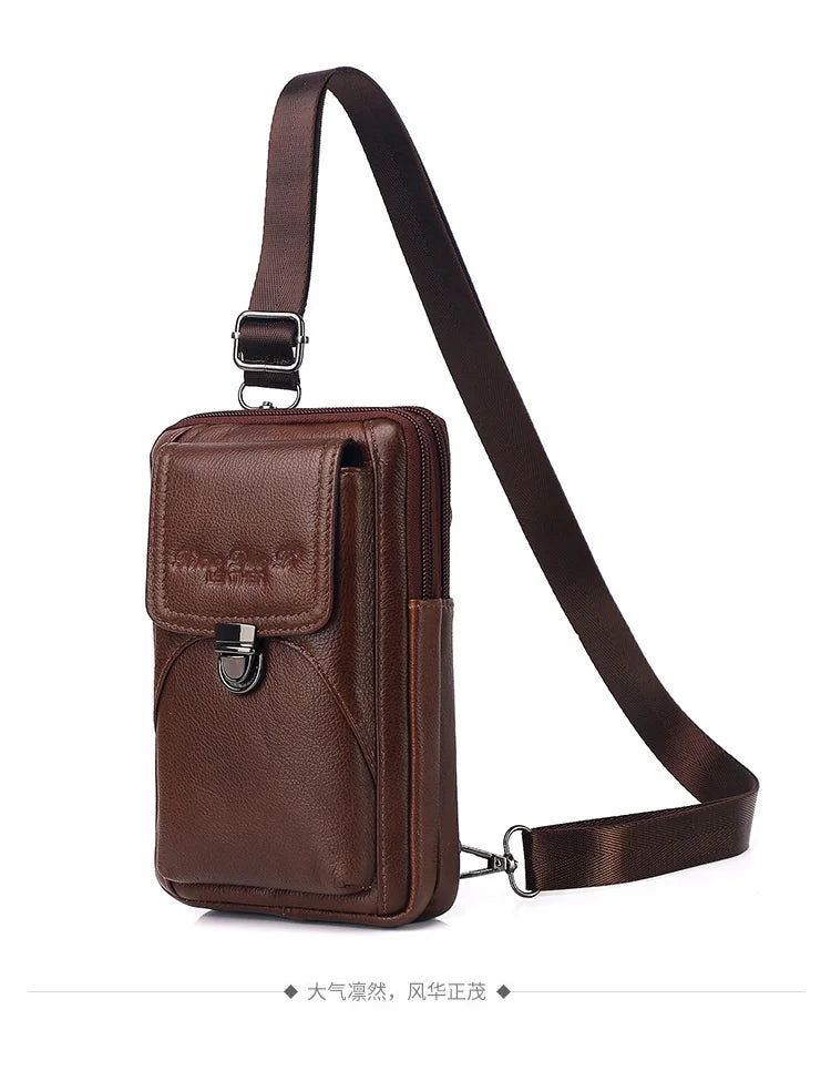 Men's Leather Messenger Bag - Multi-Functional Cowhide Chest Bag With Zipper Closure - ZOOMNSTORE