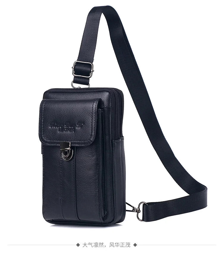 Men's Leather Messenger Bag - Multi-Functional Cowhide Chest Bag With Zipper Closure - ZOOMNSTORE