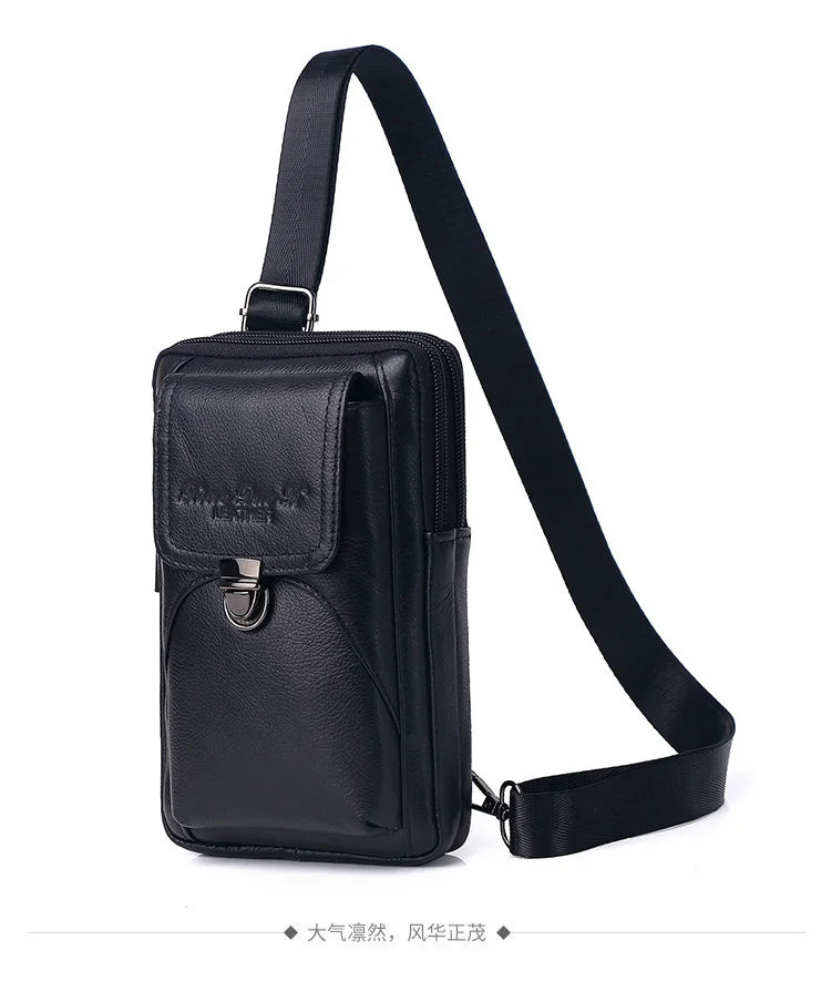 Men's Leather Messenger Bag - Multi-Functional Cowhide Chest Bag With Zipper Closure - ZOOMNSTORE