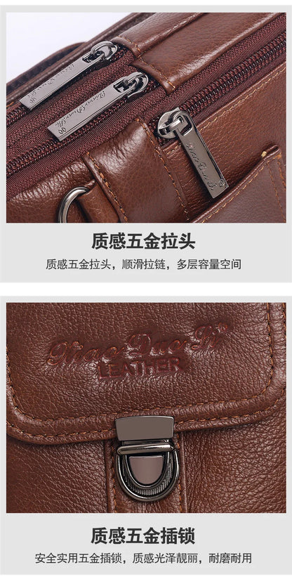 Men's Leather Messenger Bag - Multi-Functional Cowhide Chest Bag With Zipper Closure - ZOOMNSTORE